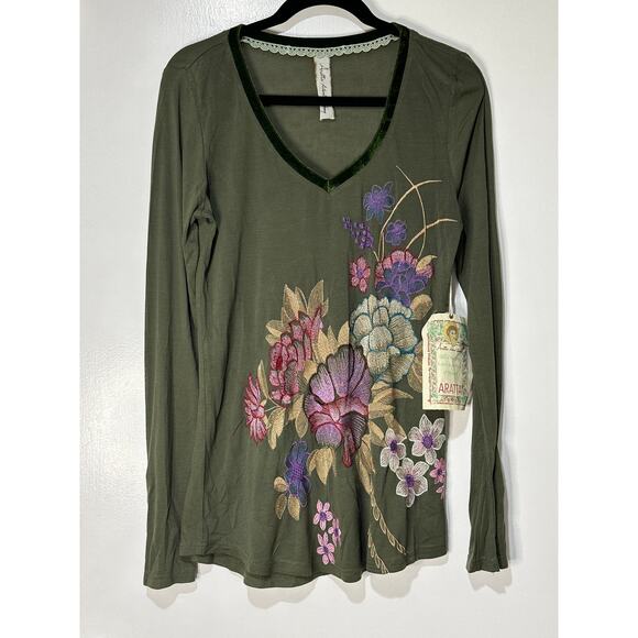 Aratta Green Floral Long Sleeve Top Size Sm/Med NWOT Embroidery Velvet Accents - Picture 1 of 12